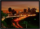 Los Angeles, Panorama, Miasta, Nocą, Arterie, Komunikacyjne, Drzewa