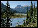 Góry, Canadian Rockies, Rzeka, Saskatchewan River, Drzewa, Park Narodowy Banff, Kanada