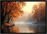 Jesień, Drzewa, Rzeka, Mgła, AI