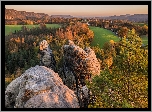 Góry Połabskie, Skały, Drzewa, Góra Gamrig, Jesień, Park Narodowy Saskiej Szwajcarii, Saksonia, Niemcy