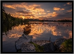Norwegia, Gmina Ringerike, Zachód słońca, Jezioro, Kamienie, Łódka, Las, Drzewa