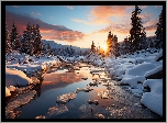 Zima, Rzeka, Śnieg, Drzewa, Zachód słońca