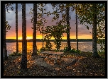 Stany Zjednoczone, Stan Georgia, Ławka, Drzewa, Jezioro West Point Lake, Zachód słońca