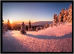 Zima, Wschód słońca, Śnieg, Drzewa, Góry, Tatry, Hala Młyńska, Koszary Łopuszańskie, Powiat nowotarski, Polska