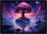 Drzewo, Wyspa, Jezioro, Góry, Niebo, Chmury, Planety, Gwiazdy, Grafika Fantasy