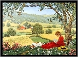 Dziewczyna, Pies, Łąka, Drzewo, Owocowe