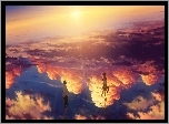 Dziewczyna, Mitsuha Miyamizu, Chłopak, Taki Tachibana, Film Kimi no Na wa., Film Your Name, Chmury, Zachód Słońca, Spacer