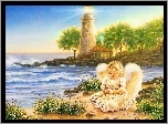 Dziewczynka, Aniołek, Morze, Plaża, Latarnia, Morska
