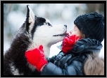 Dziewczynka, Husky, Przyjazń, Park, Zima