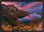 Jezioro, Tahoe Lake, Wyspa Fannette, Góry, Park Emerald Bay, Lasy, Drzewa, Chmury, Kalifornia, Stany Zjednoczone