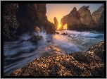 Portugalia, Wybrzeże, Algarve, Skały, Wschód słońca, Morze, Fale