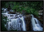 Stany Zjednoczone, Wirginia Zachodnia, Park Stanowy Blackwater Falls, Wodospad, Blackwater Falls, Kaskada, Skały, Drzewa, Roślinność