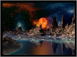 Fantasy, Słońce, Gwiazdy, Góry, Woda