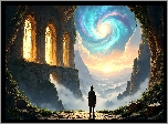 Góry, Skały, Zabytkowa, Budowla, Mgła, Mężczyzna, Rośliny, Fantasy