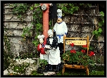 Figury, Kucharz, Gospodyni, Kwiaty, Pelargonie, Ogródek
