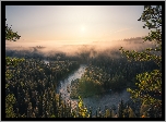 Finlandia, Park Narodowy Oulanka, Las, Rzeka, Mgła, Wschód słońca