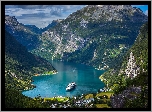 Norwegia, Fiord Geirangerfjorden, Góry, Zatoka, Domy, Statek