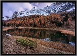 Ośnieżone, Góry, Jesienne, Drzewa, Jezioro, Lac Miroir, Ceillac, Francja