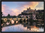 Francja, Beziers, Rzeka Orb, Most, Drzewa, Kościół, Katedra, Beziers Cathedral, Budynki, Wschód słońca