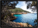 Morze, Skały, Drzewa, Zatoka, Sleepy Bay, Wybrzeże, Park Narodowy Freycineta, Tasmania, Australia