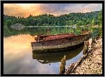 Norwegia, Gmina Sarpsborg, Łódka, Jezioro, Wschód słońca