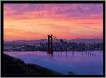 Most Golden Gate, Cieśnina Golden Gate, San Francisco, Kalifornia, Stany Zjednoczone, Mgła, Wschód słońca