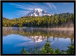 Góra, Stratowulkan, Mount Rainier, Jezioro, Reflection Lakes, Park Narodowy Mount Rainier, Drzewa, Mgła, Stan Waszyngton, Stany Zjednoczone