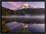 Góra, Stratowulkan Munt Rainier, Park Narodowy Mount Rainier, Drzewa, Las, Mgła, Odbicie, Jezioro, Bench Lake, Stan Waszyngton, Stany Zjednoczone