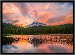 Góra, Stratowulkan Mount Rainier, Jezioro, Reflection Lake, Chmury, Park Narodowy Mount Rainier, Drzewa, Stan Waszyngton, Stany Zjednoczone