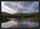 Góra, Stratowulkan, Mount Rainier, Jezioro, Reflection Lake, Chmury, Park Narodowy Mount Rainier, Drzewa, Stan Waszyngton, Stany Zjednoczone