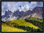 Włochy, Trydent-Górna Adyga, Góry, Alpy, Dolomity, Chmury, Wzgórza, Lasy, Drzewa