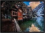 Włochy, Południowy Tyrol, Góry, Dolomity, Jezioro, Pragser Wildsee, Lago di Braies, Domy, Pomost