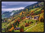 Góry, Mgła, Drzewa, Jesień, Domy, Drogi