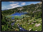 Góry, Pireneje, Jezioro, Lac des Bouillouses, Rzeka, Kamienie, Drzewa, Francja