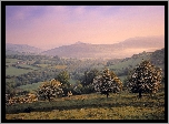 Góry, Pola, Drzewa, Mgła