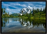 Góry, Góra, Mount Shuksan, Las, Drzewa, Jezioro, Picture Lake, Park Narodowy Północnych Gór Kaskadowych, Stan Waszyngton, Stany Zjednoczone