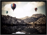 Góry, Balony, Jezioro, Chmury