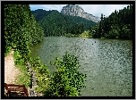 Góry, Lasy, Drzewa, Jezioro, Ławka