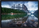 Góry, Zima, Lasy, Jezioro, Kamienie