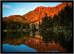 Jezioro, Góry, Lasy, Zachód Słońca, Kolorado, USA