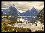 Jezioro, Góry, Chmury, Milford Sound, Nowa Zelandia