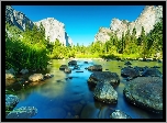 Stany Zjednoczone, Stan Kalifornia, Park Narodowy Yosemite, Góry, Drzewa, Las, Kamienie, Rzeka