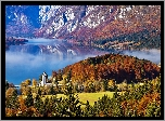 Góry, Jezioro, Bohinj, Las, Kościół, Jesień