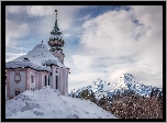 Góry, Alpy Salzburskie, Kościół, Drzewa, Zima, Śnieg, Sanktuarium Maria Gern, Berchtesgaden, Bawaria, Niemcy