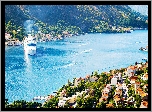 Czarnogóra, Zatoka Kotorska, Miasto Kotor, Domy, Statek, Drzewa, Góry