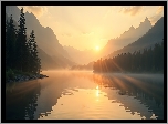 Wschód słońca, Jezioro, Góry, Mgła, Las