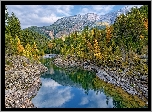 Stany Zjednoczone, Stan Montana, Park Narodowy Glacier, Góry, Rzeka, Flathead River, Las, Drzewa, Jesień, Chmury