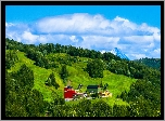 Góry, Lasy, Łąki, Zabudowania, Lato, Wzgórza