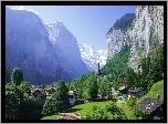 Góry, Wodospad, Domy, Drzewa, Lauterbrunnen, Szwajcaria