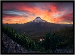 Góry Kaskadowe, Góra Tolmie Peak, Park Narodowy Mount Rainier, Jezioro, Drzewa, Las, Skały, Zachód słońca, Stan Waszyngton, Stany Zjednoczone